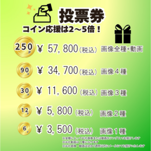 投票券 コイン応援は2～5倍！ 250p 57800円　画像全種+動画 90p 34700円　画像4種 30p 11600円　画像3種 12p 5,800円　画像2種 6p 3,500円　画像1種